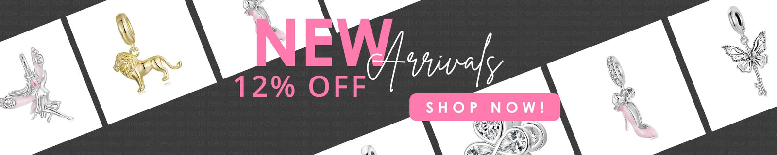 Promotional banner for jewelry arrivals with the text 'NEW Arrivals 12% OFF' and 'SHOP NOW!'. The design features a dark gray and white diagonal striped background with several white panels displaying different silver-toned and gold-toned charms