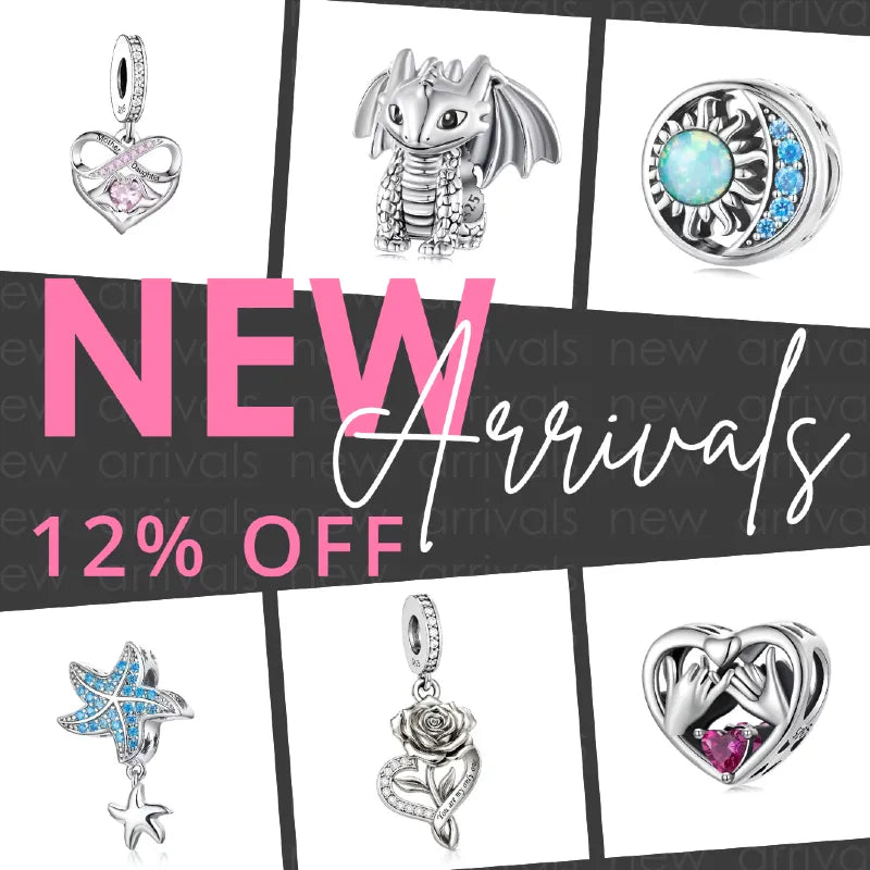 Collection of silver charms with 'NEW Arrivals' and '12% OFF' text on a white background.