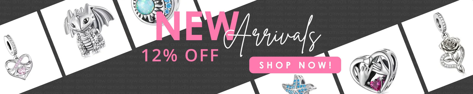 Collection of silver charms with 'NEW Arrivals' and '12% OFF' text on a white background.