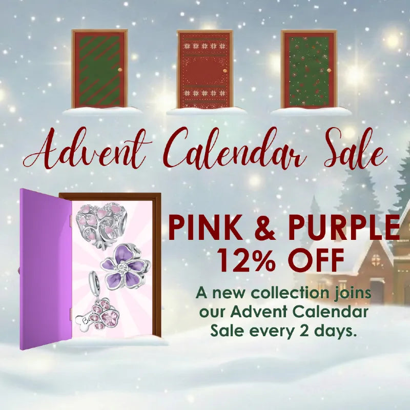 Advent Calendar Sale advertisement with jewelry display and snowy village background