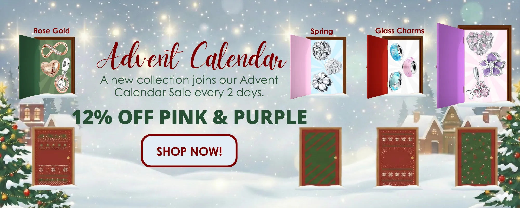 Advent calendar with pink and purple doors open, Christmas tree on the left, and promotional text on a snowy background.