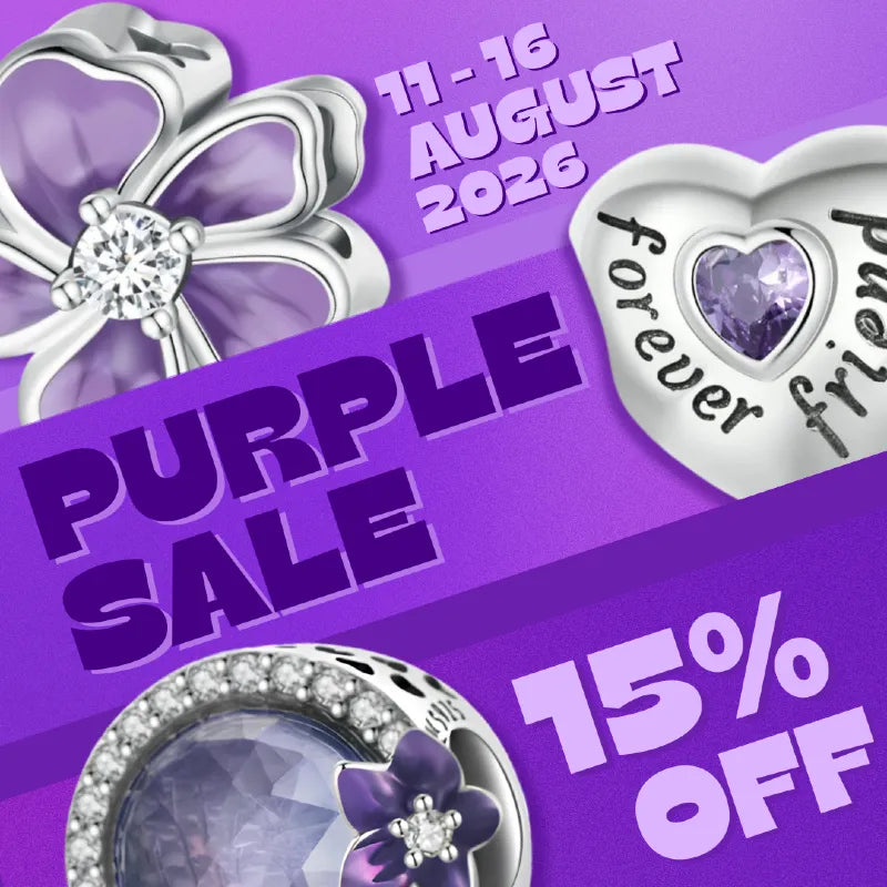 Promotional sale graphic for purple gemstone jewelry, featuring a silver flower pendant with a purple center stone, a silver heart pendant engraved 'forever friend' with a purple heart, and a silver ring with a purple flower accent. Large text reads 'PURPLE SALE', '11-16 AUGUST 2026', and '15% OFF' on a purple background.