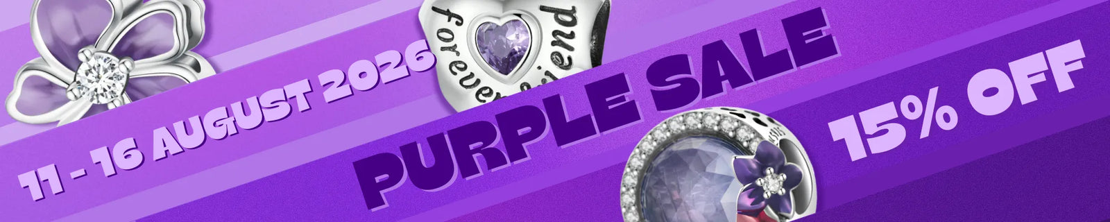 Promotional sale banner with a purple background, large text reading 'PURPLE SALE' and '15% OFF', plus dates '11 - 16 AUGUST 2026' and jewelry-themed decorative graphics.