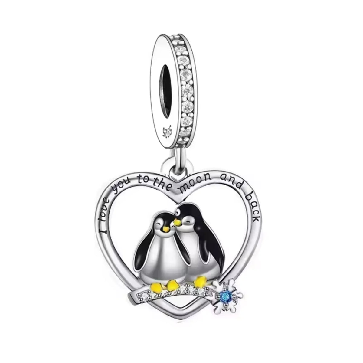 Heart-shaped pendant with penguins and 'I love you to the moon and back' text on a white background