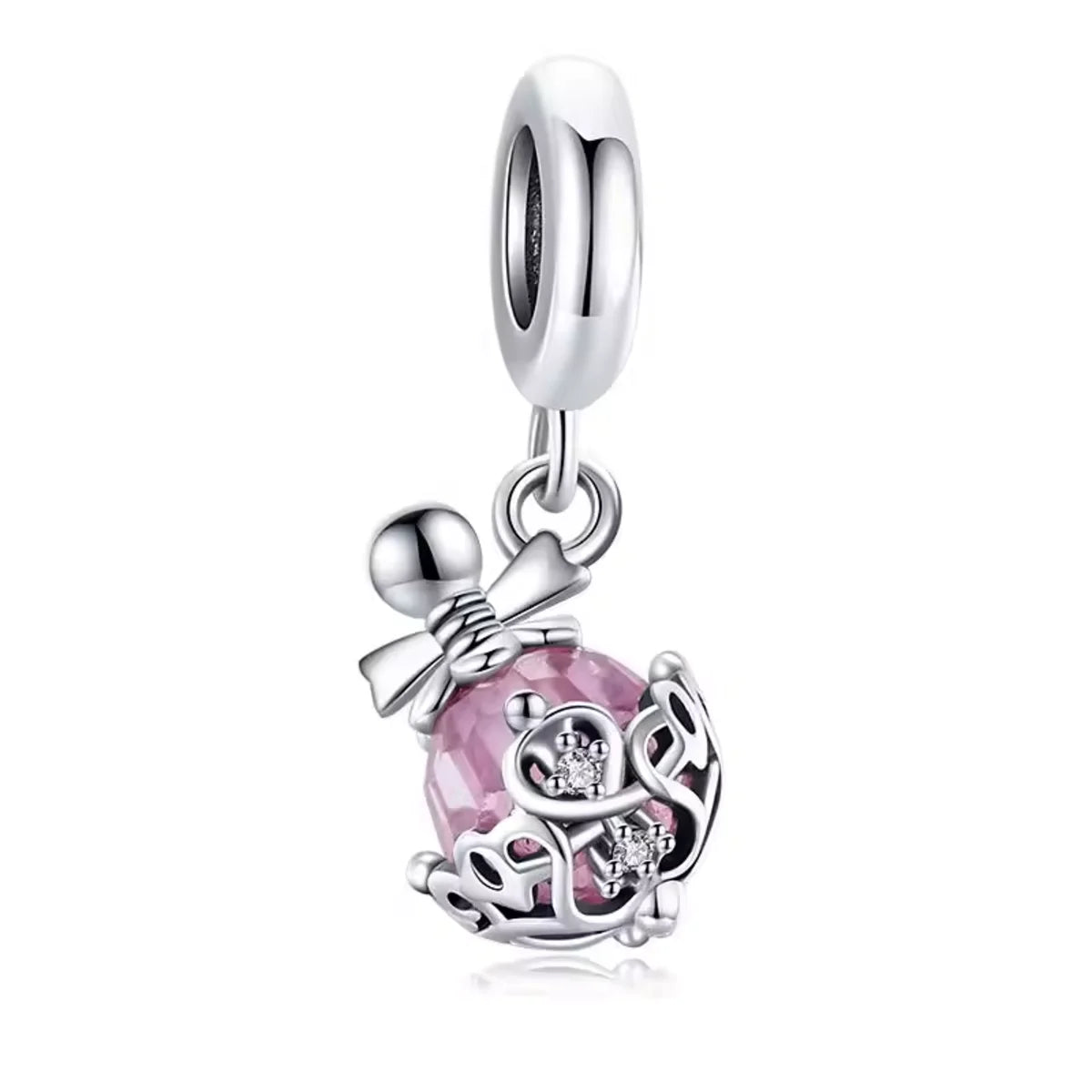 Add a splash of glam to your bracelet with this Petite Perfume Bottle Dangle Charm! Designed with a sparkling pink faceted center and delicate silver bow, this charm captures the essence of elegance and femininity.