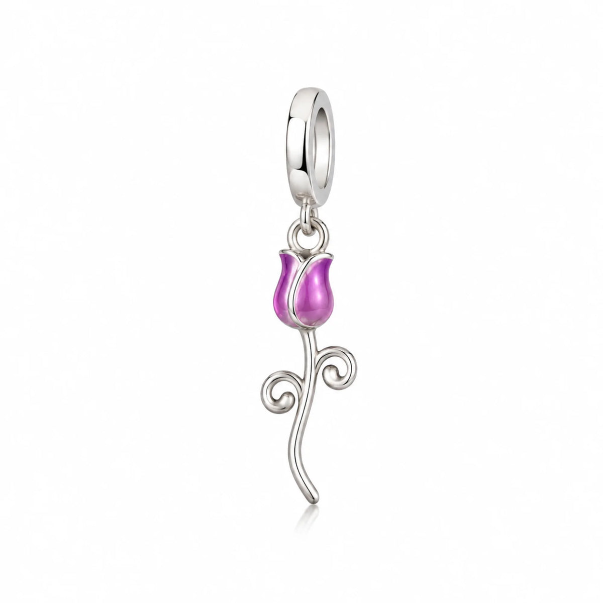 Silver charm with a pink tulip design on a white background