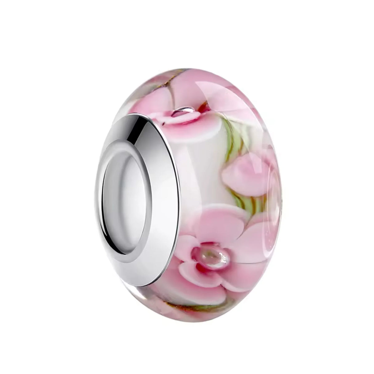 Jewelry charm with pink floral design on a white background