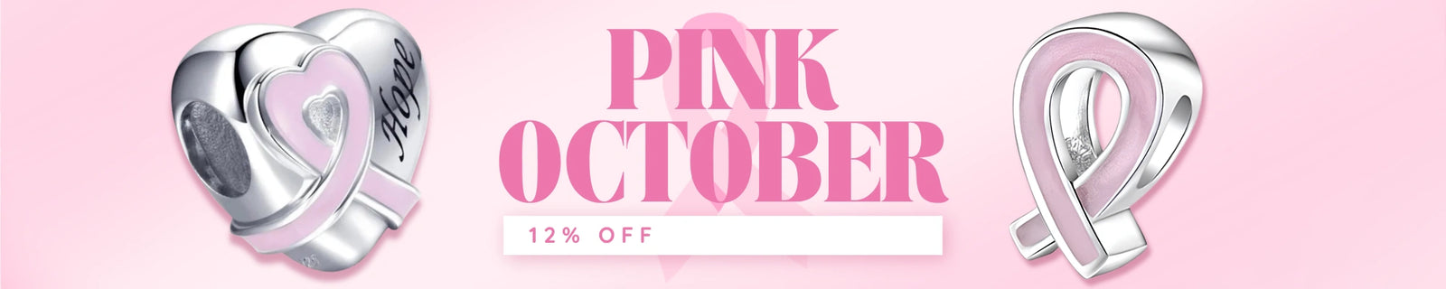 CharmSA Pink October promotion offering 12% off, featuring silver charms with pink breast cancer awareness ribbons on a soft pink background.