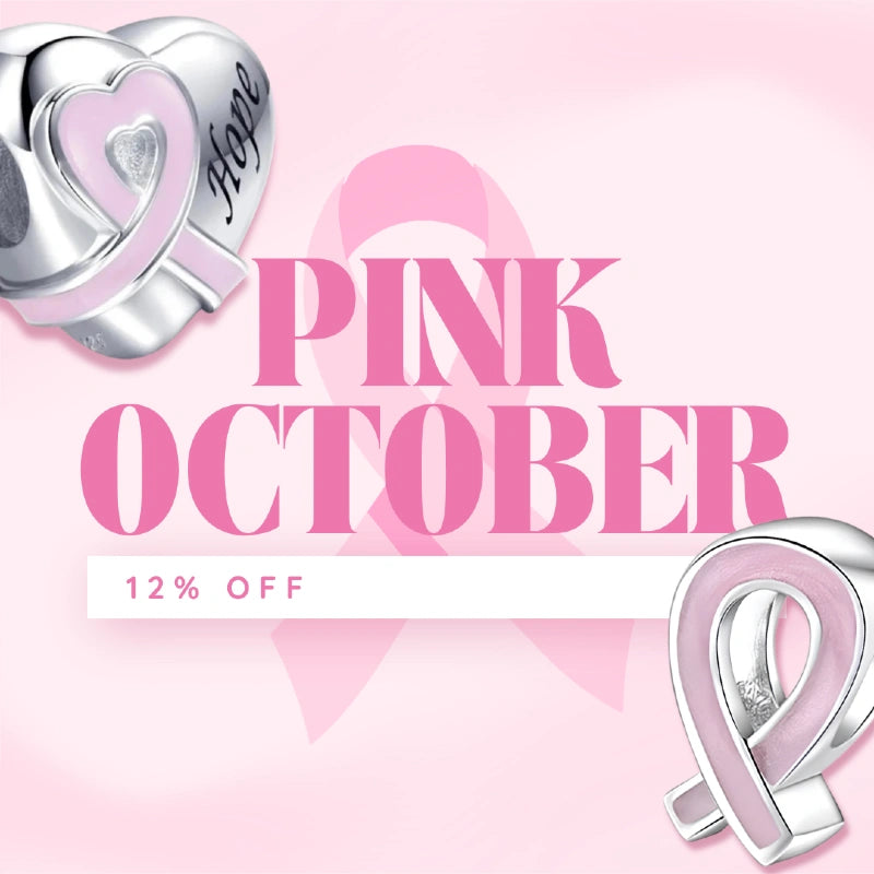 CharmSA Pink October promotion offering 12% off, with pink ribbon charms and a large breast cancer awareness ribbon on a pink background.