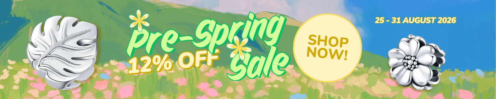 A colorful promotional banner for a pre-spring sale, featuring the text 'Pre-Spring Sale 12% OFF! SHOP NOW!' on a grassy hill with flowers, alongside a large white leaf illustration on the left and a flower on the right.
