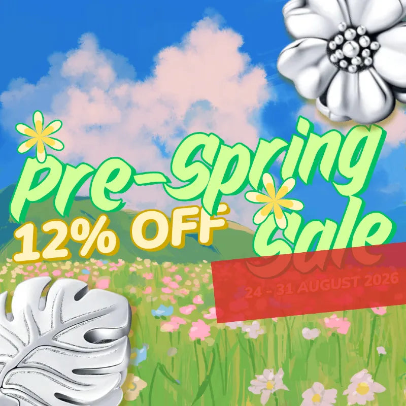 A promotional sale graphic with the text 'Pre-Spring 12% Off Sale' over a stylized spring landscape. The design includes a blue sky with pink clouds, a green grassy field with small flowers, and large silver flower illustrations in the corners.