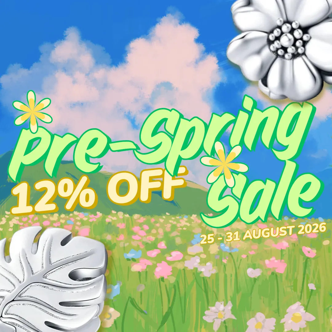 A colorful promotional graphic with the text 'Pre-Spring 12% OFF Sale' over a whimsical spring field scene. The design includes a blue sky with pink clouds, green grass, small flowers, and large white flower illustrations in the corners.