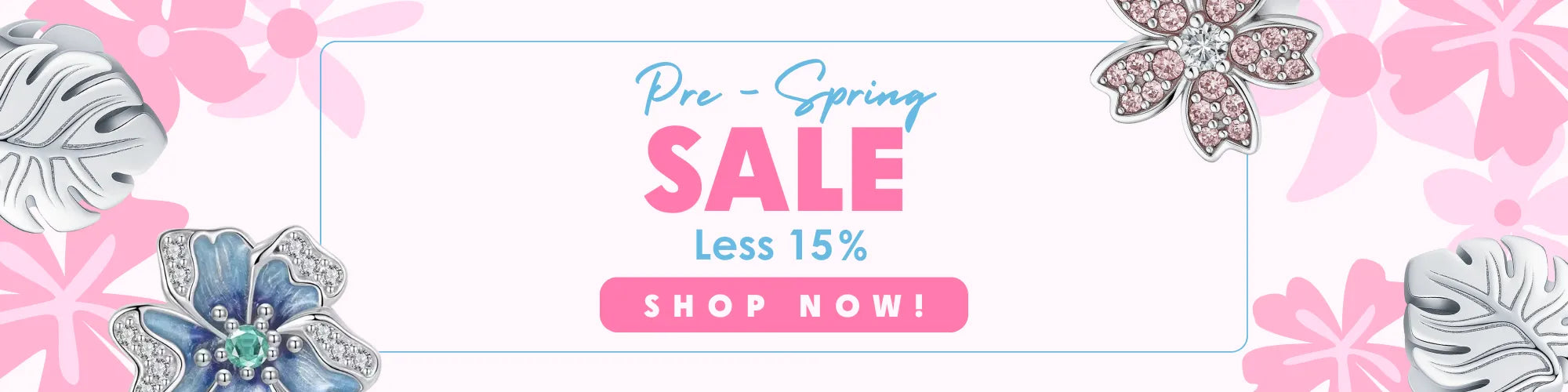 Pre-Spring Sale banner with floral and jewelry designs on a white background. 15% Off Pre-Spring Collection