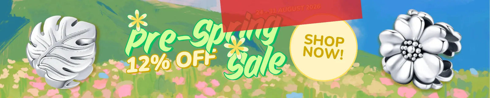 A promotional banner for a pre-spring sale with the text 'Pre-Spring 12% Off! Shop Now!' on a bright blue sky and grassy field background, flanked by two silver-toned flower-shaped jewelry pieces.