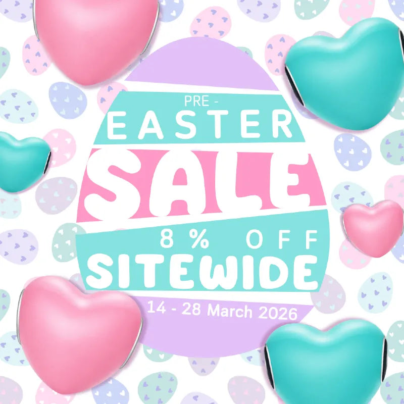 Easter sale promotion with colorful eggs and hearts on a white background