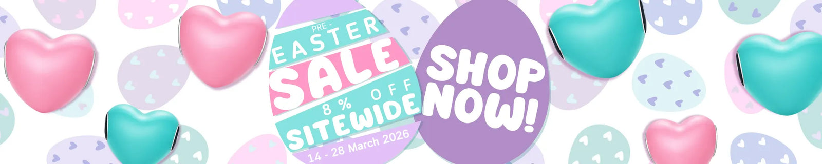 Promotional banner with Easter sale text and colorful hearts on a white background