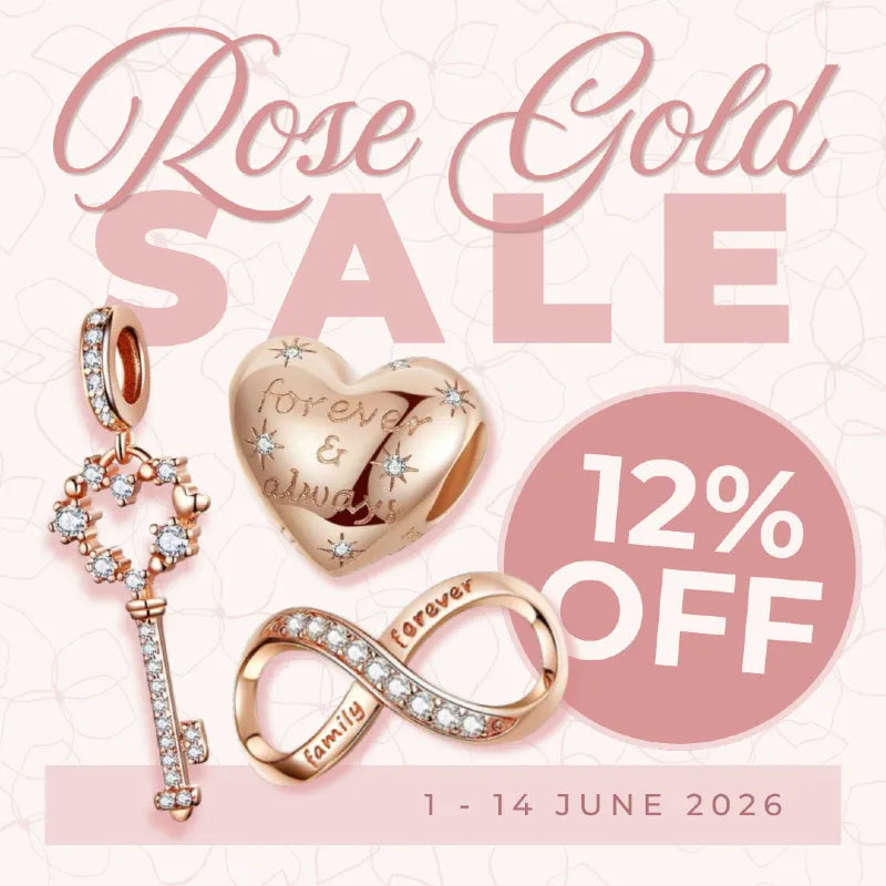Rose gold jewelry charms with 'Rose Gold Sale' text and 12% off offer on a pink background.