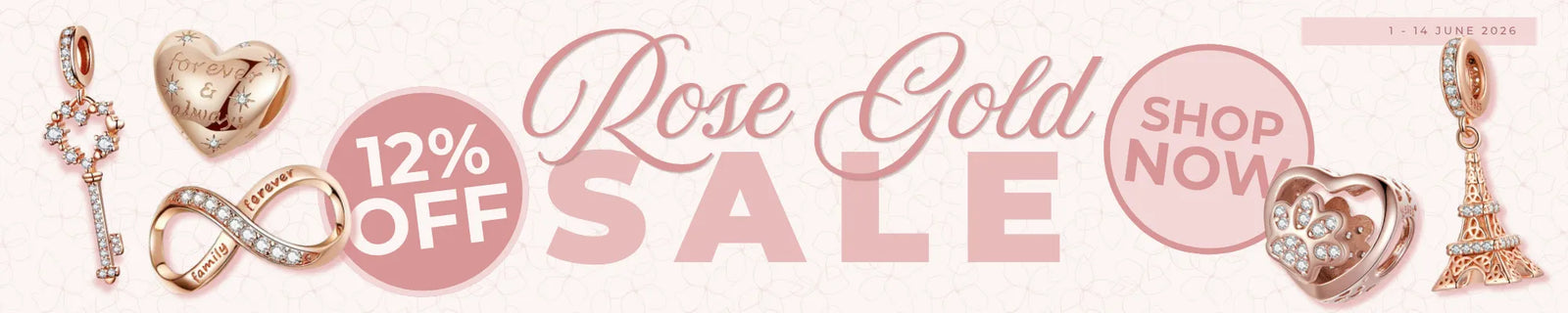 Rose gold charms with a sale banner offering 12% off.