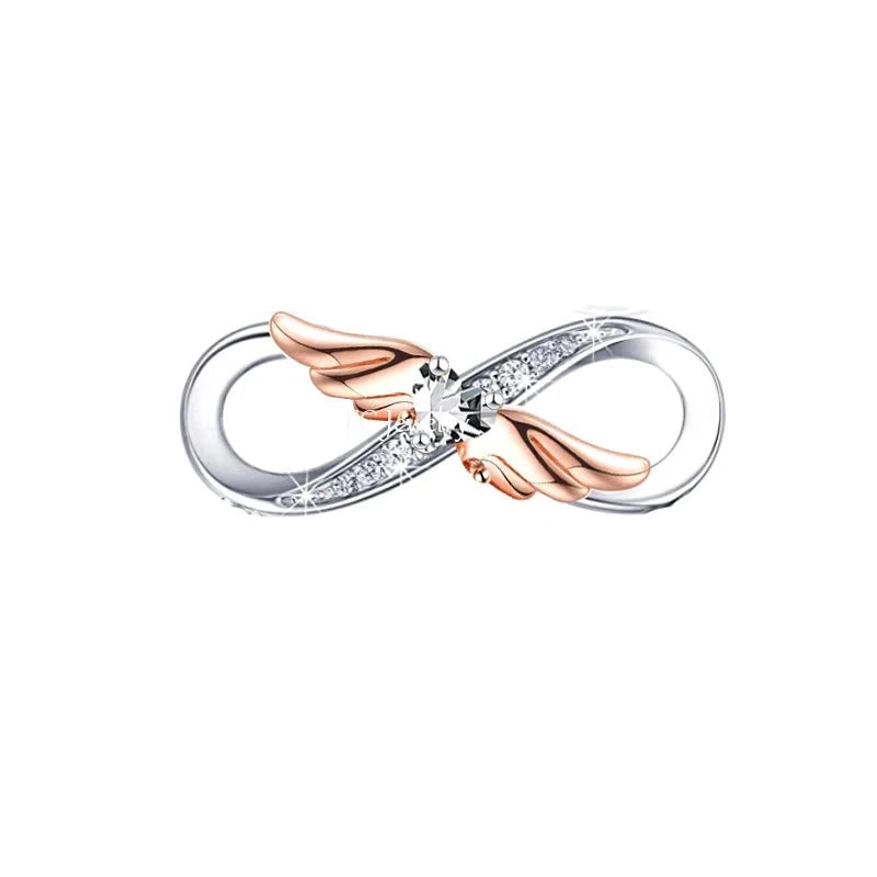 Rose gold angel wings infinity charm with sparkling cubic zirconia detail.