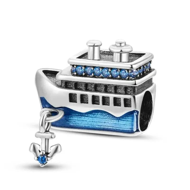 Sailing Away Passenger Ship Dangle Charm with blue accents and anchor detail, crafted intricately to depict a ship on sparkling waves.