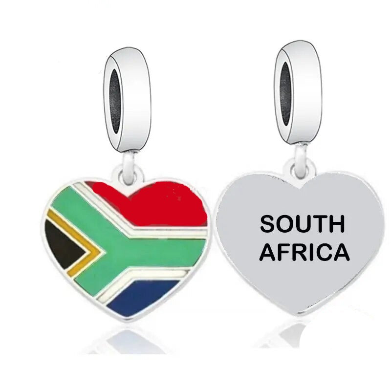 South Africa Heart Dangle Charm with enamel flag design and &#39;South Africa&#39; text, perfect for jewelry collections.