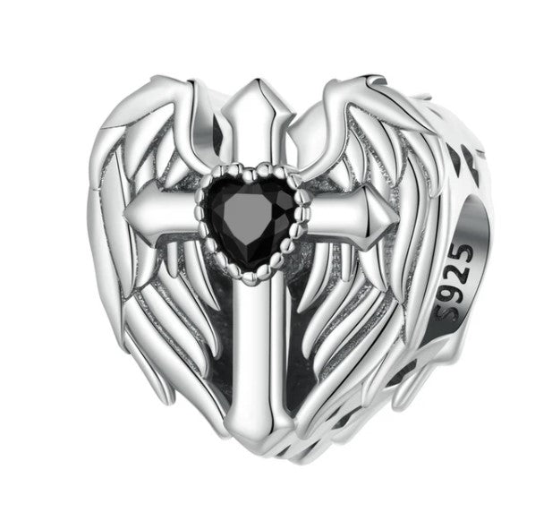 Angel Winged Cross Heart Charm | CZ