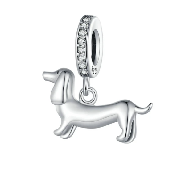 Worsie Dog Dangle Charm with CZ stones, detailed design in silver, perfect for charm bracelet collection.