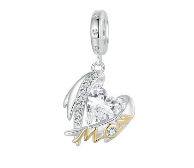 &quot;Mom&quot; Angel Wing Dangle Charm | GP CZ