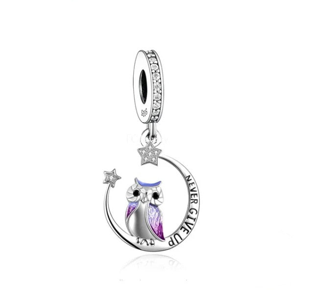 &quot;Never Give Up&quot; Owl Dangle Charm | CZ EN