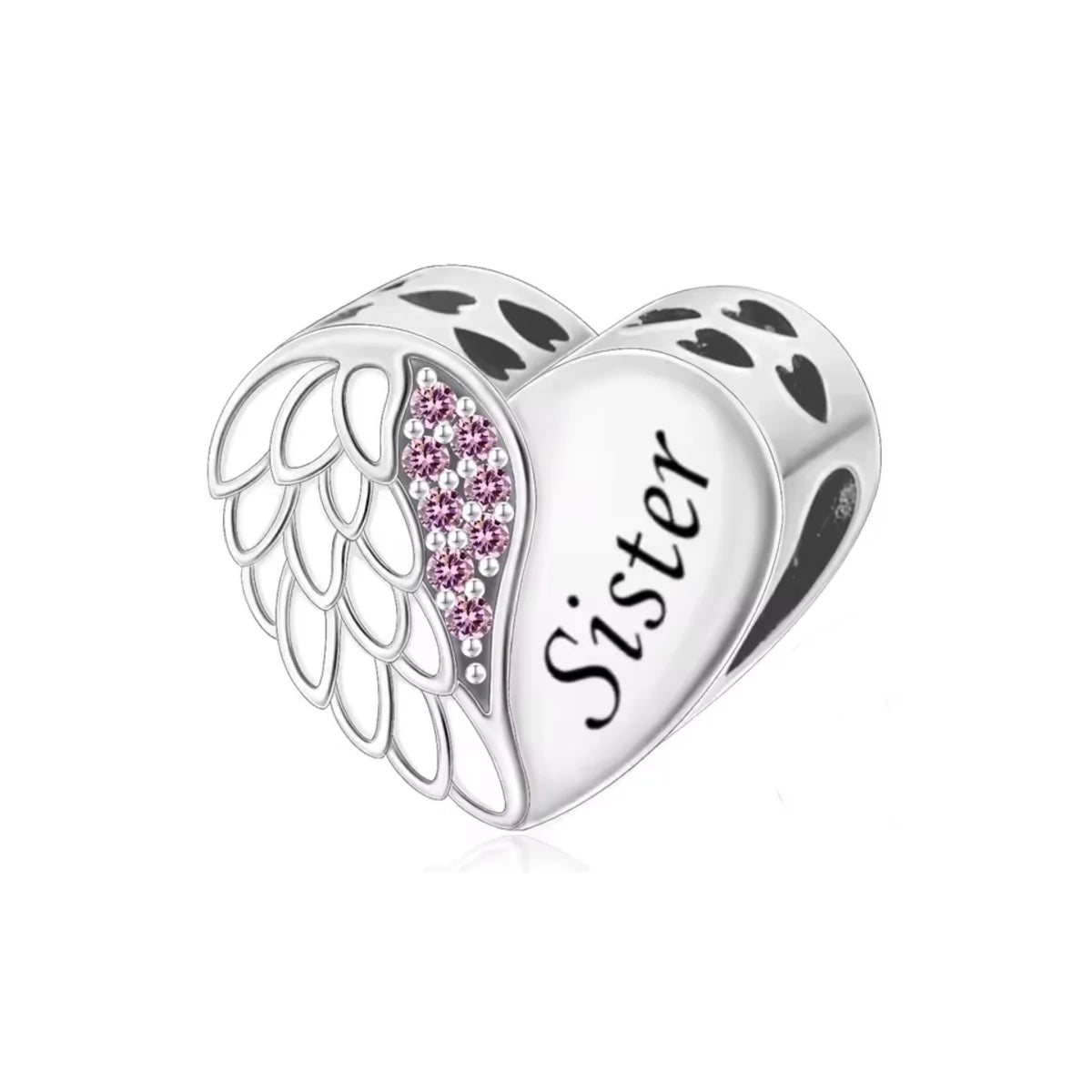 Heart-shaped charm with angel wings and &#39;Sister&#39; engraving on a white background