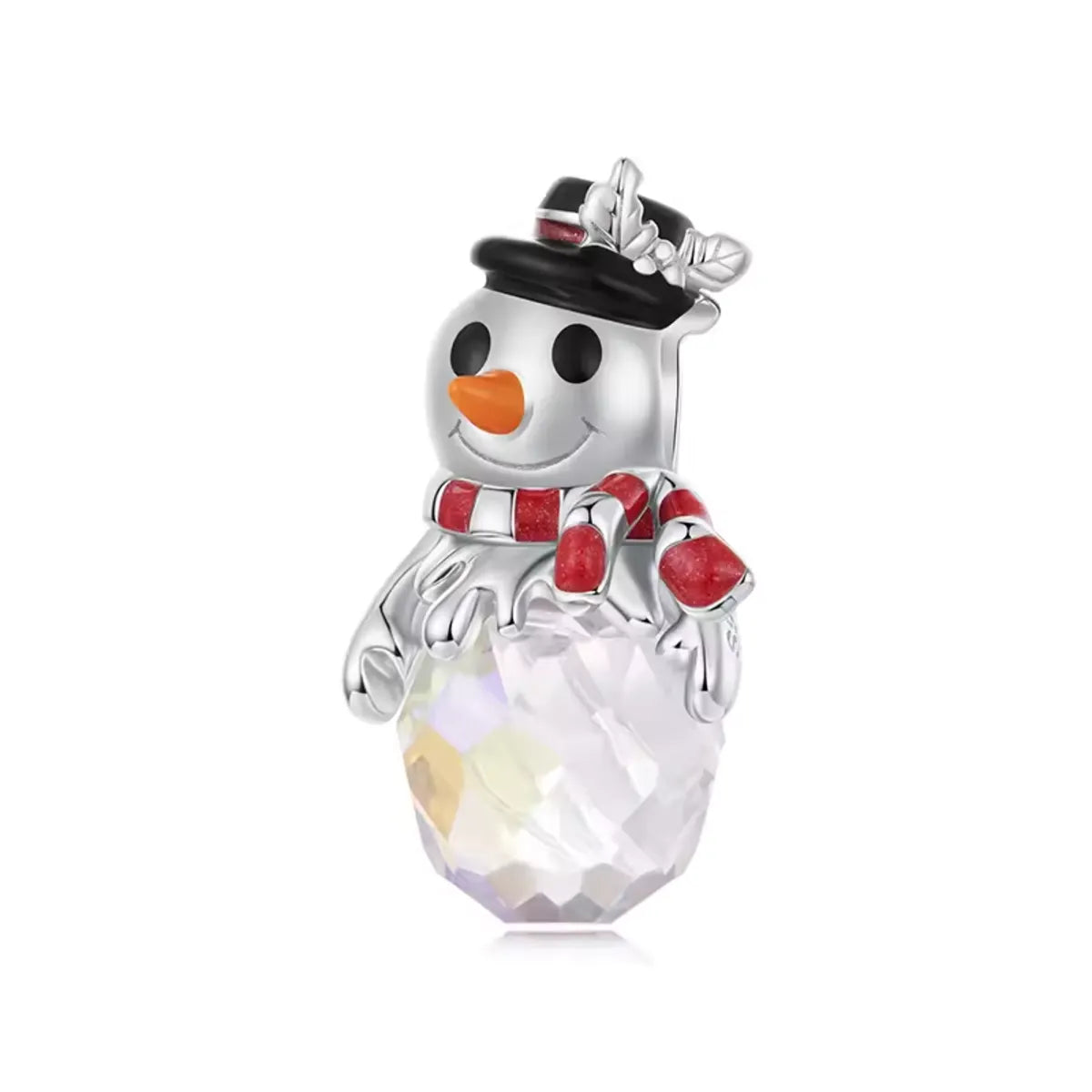 Snowman charm with a clear crystal ball on a white background