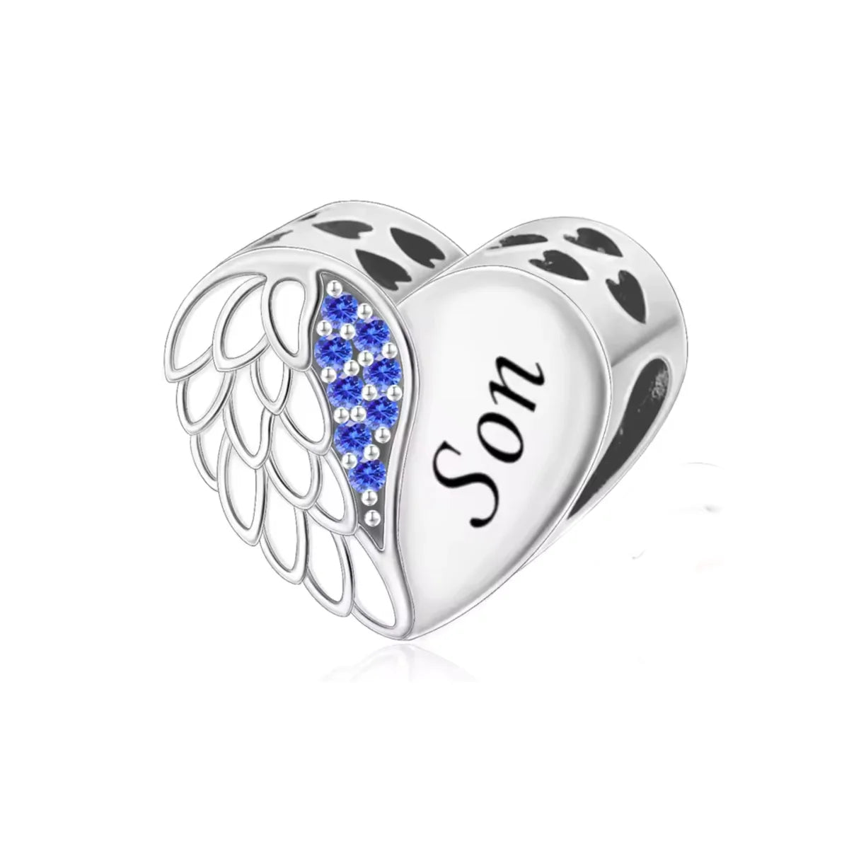 Silver heart-shaped charm with angel wings and 'Son' engraving on a white background