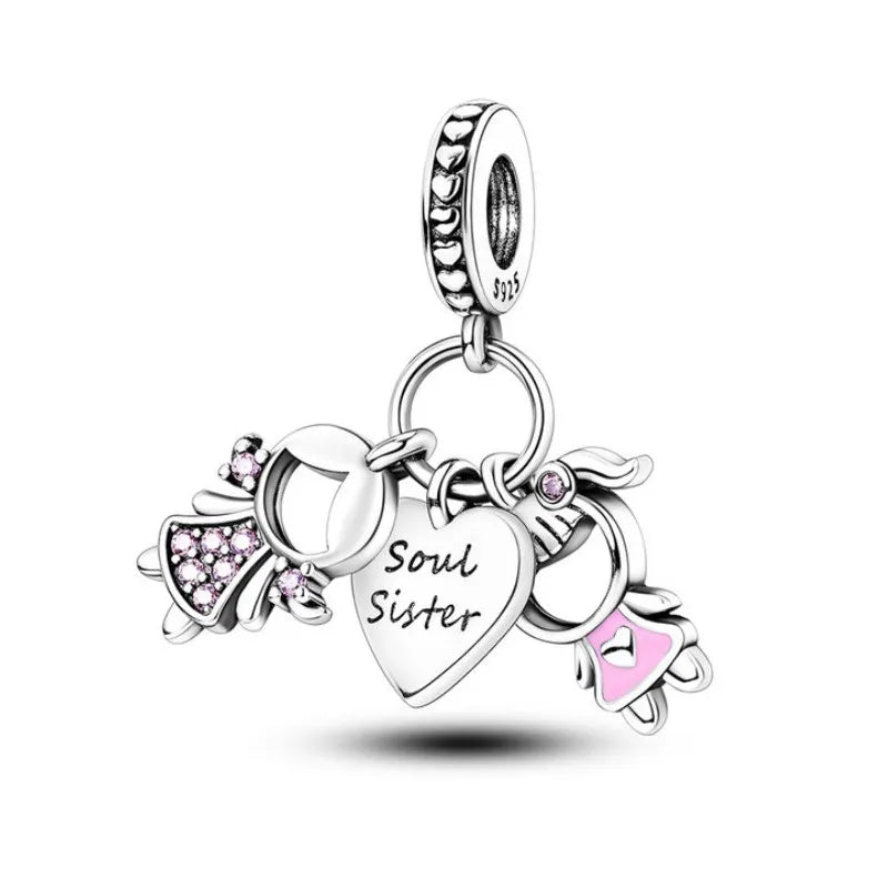 Soul Sisters Dangle Charm with cubic zirconia accents celebrating sisterhood, featuring two sisters and a heart with &quot;Soul Sister&quot; engraving