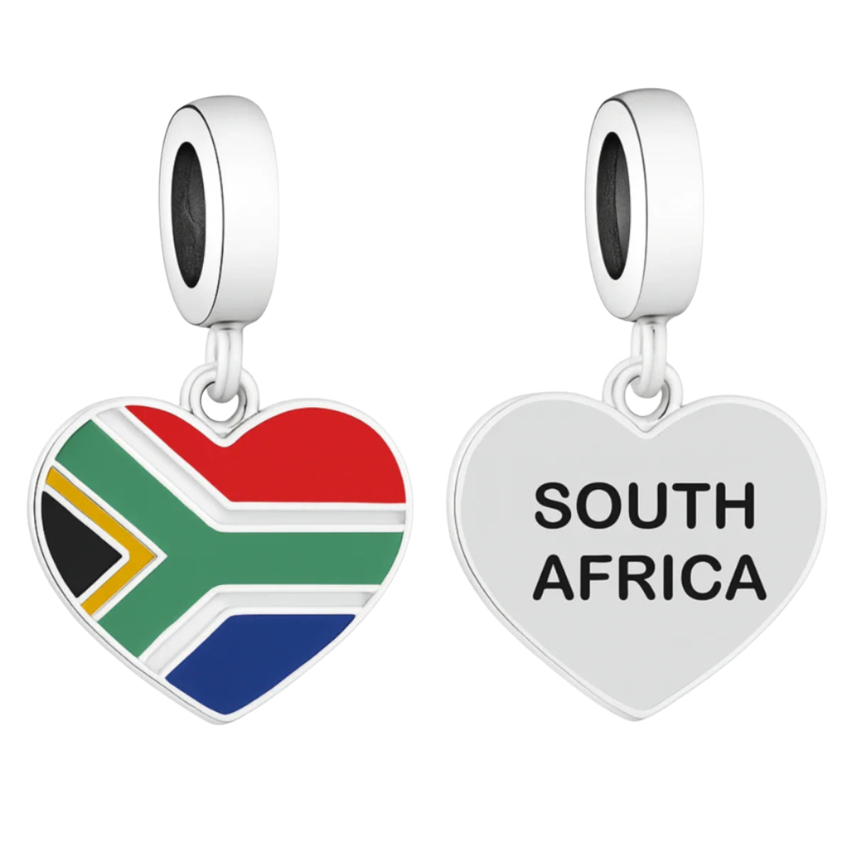 Celebrate the beauty of South Africa with this exquisite South Africa Heart Dangle Charm. This dangle charm is a perfect addition to your charm collection, featuring a heart-shaped design that represents your love for this unique and vibrant country