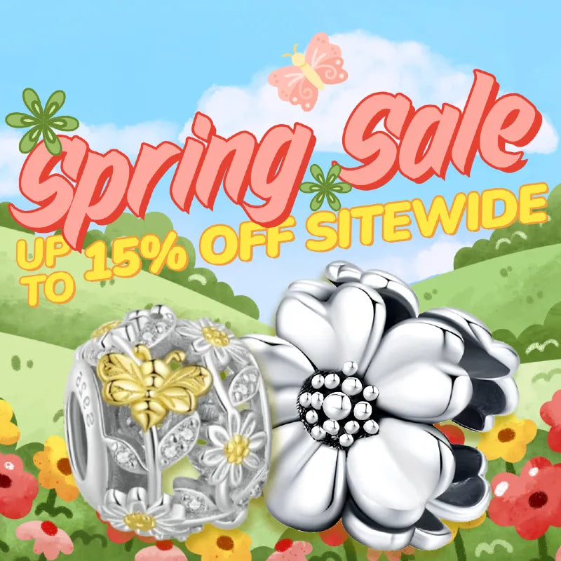 Two silver flower-shaped charms with yellow and white details are shown against a colorful spring sale background with the text 'Spring Sale UP TO 15% OFF SITEWIDE'.