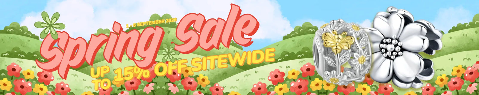 A colorful promotional banner for a 'Spring Sale' featuring large red and orange text, yellow pricing text, a green hillside background with flowers, and two jewelry items on the right: a silver-toned ring with a yellow floral design and a silver-toned flower-shaped pendant.
