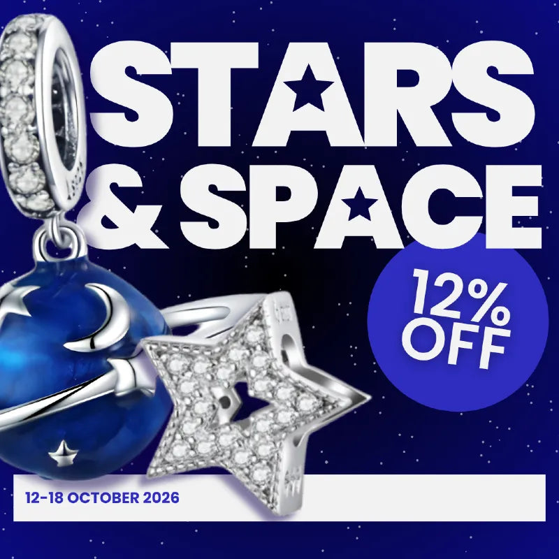 Promotional graphic for a jewelry sale featuring a silver charm with a crescent moon and a blue enamel ball charm, alongside a silver star charm paved with clear stones. Large white text reads 'STARS & SPACE' and a blue circle says '12% OFF' on a dark starry background.