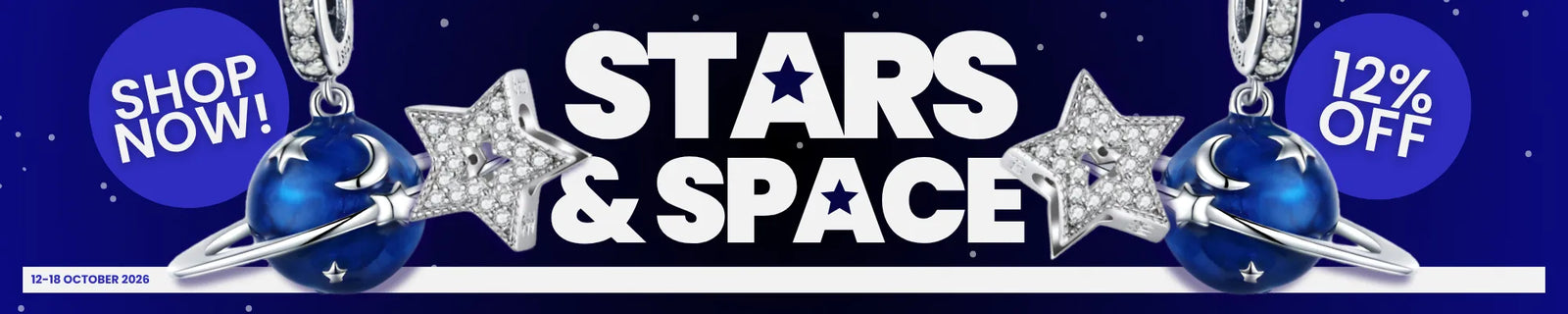 A promotional banner for 'STARS & SPACE' jewelry featuring silver-toned star and moon pendants with blue gemstone accents, set against a dark starry background with 'SHOP NOW!' and '12% OFF!' callouts.