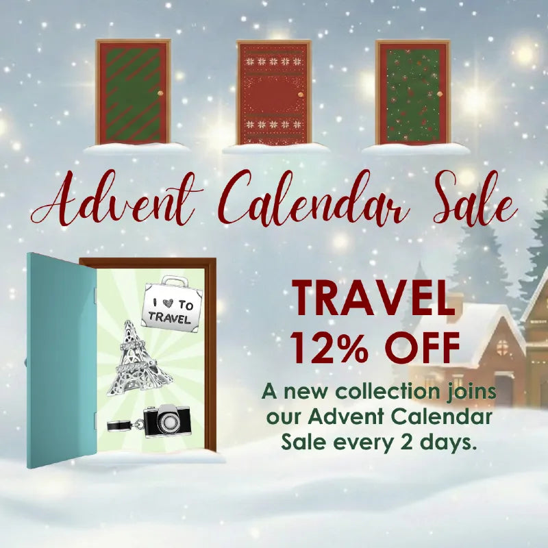 Advent calendar sale promotion with travel-themed doors and snowy village background