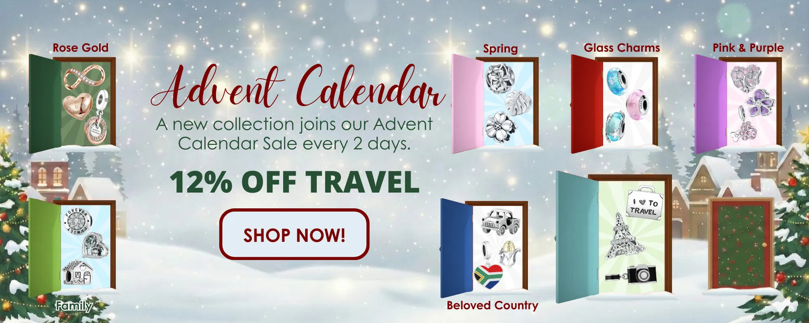 Advent calendar with various designs and a promotional message for travel deals.