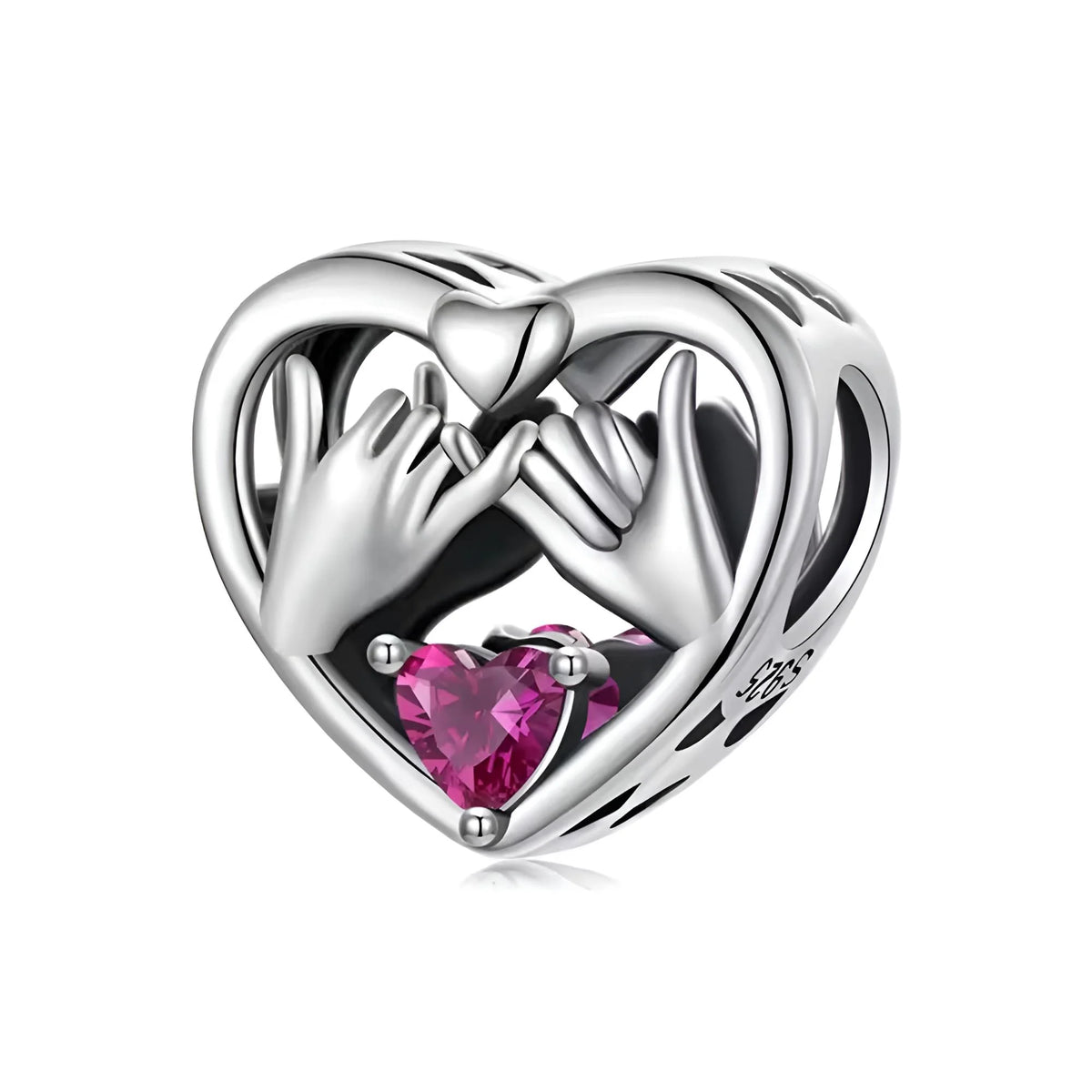 Silver heart-shaped charm with two hands holding a pink gemstone on a white background