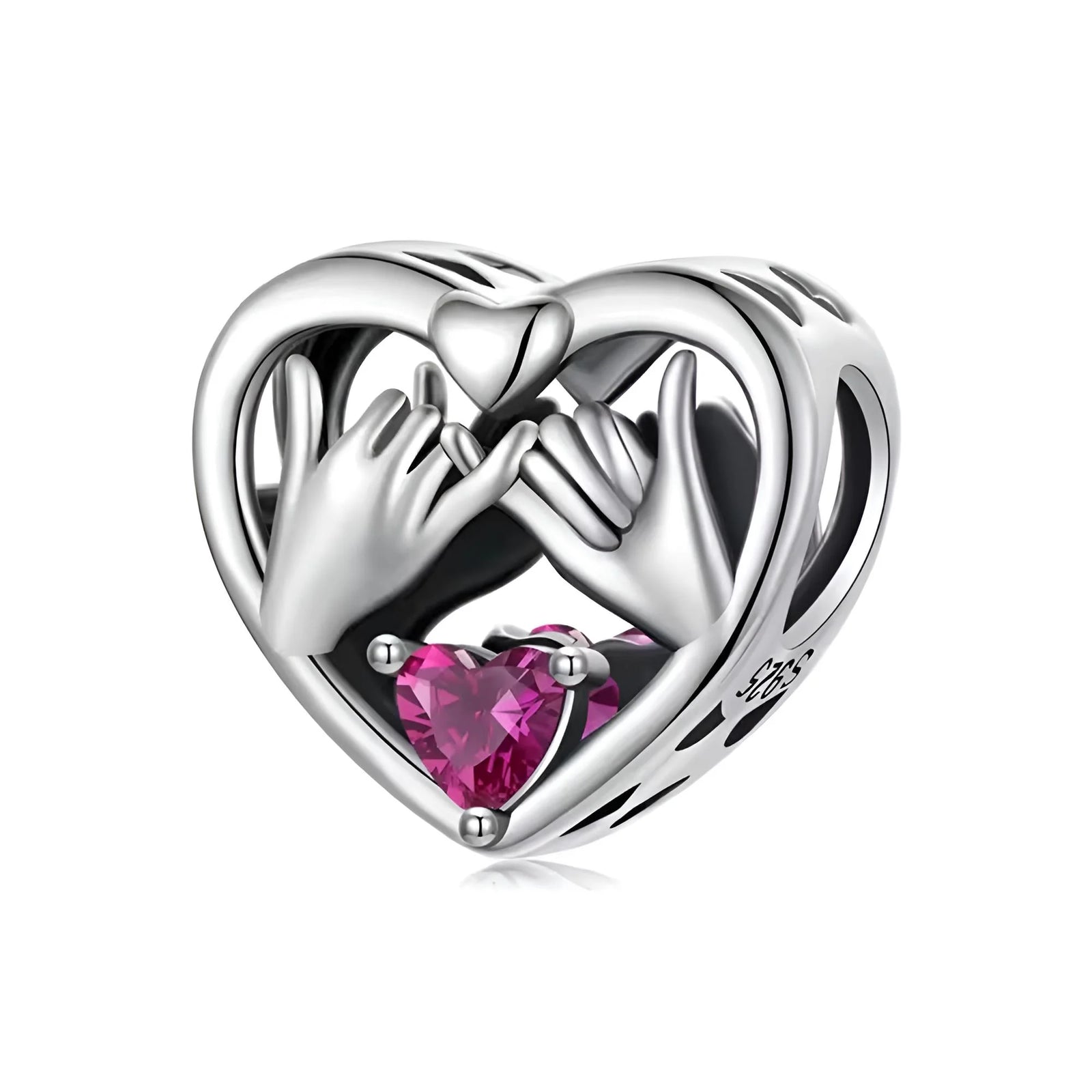 Silver heart-shaped charm with two hands holding a pink gemstone on a white background