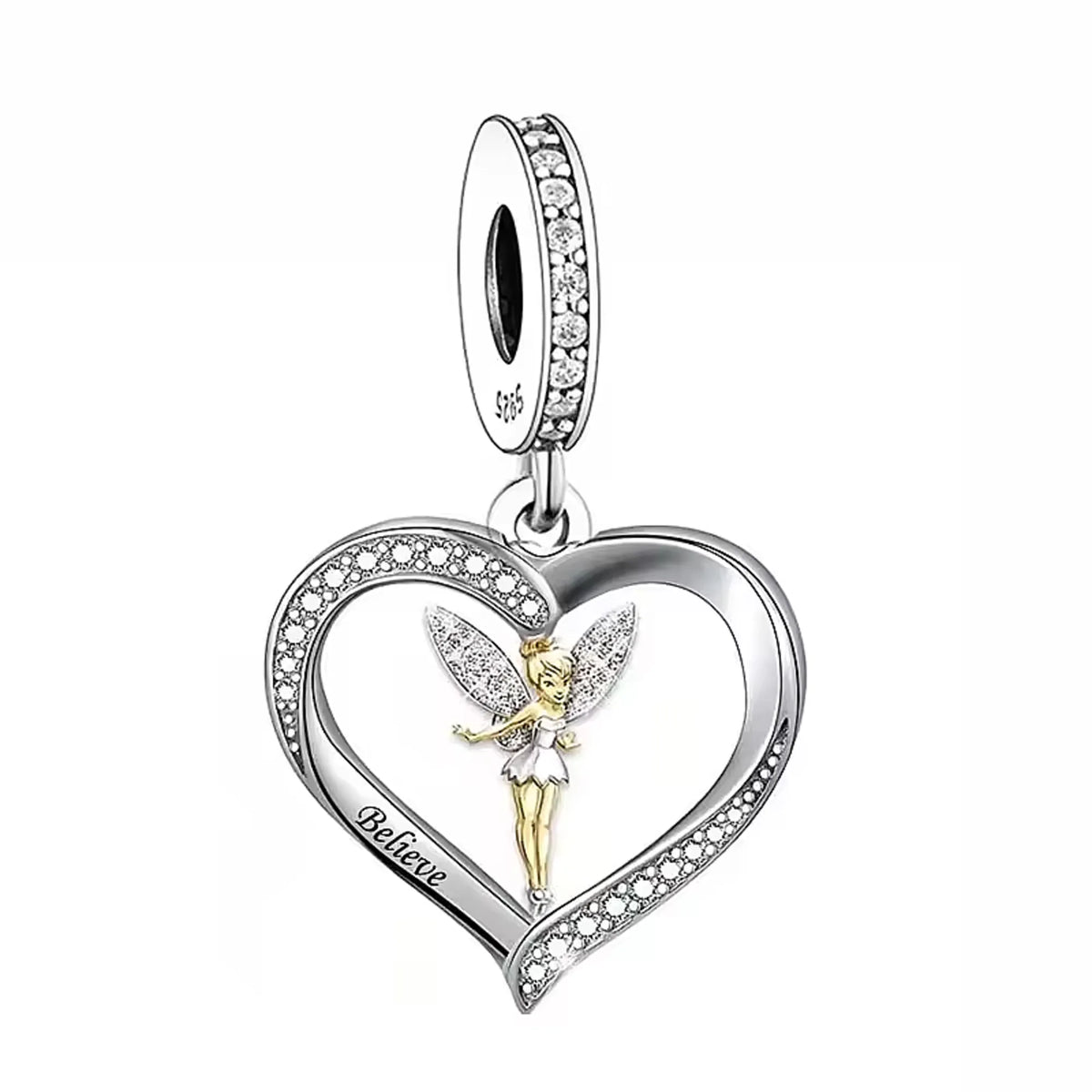 Heart-shaped dangle charm with fairy figure and engraved with 'Believe' 