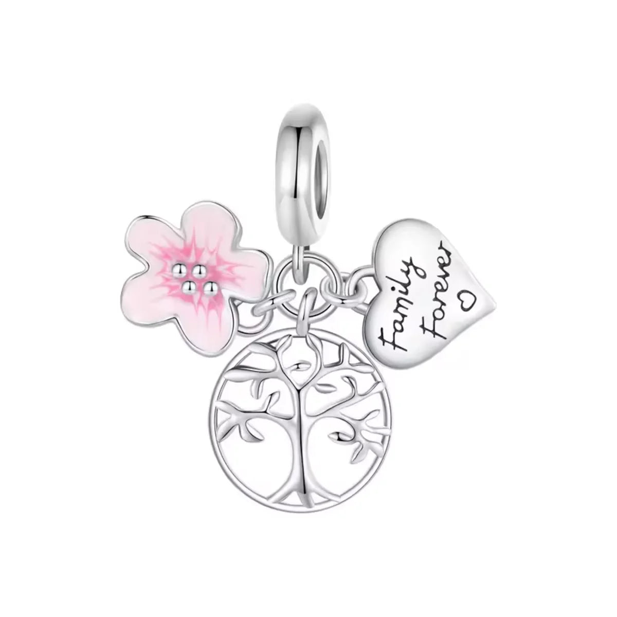 Celebrate unbreakable bonds with the Tree of Life Family Forever Dangle Charm. Featuring a soft pink enamel flower, a loving engraved heart, and a beautifully crafted tree of life, this charm is a touching tribute to the roots and branches that shape who we are.