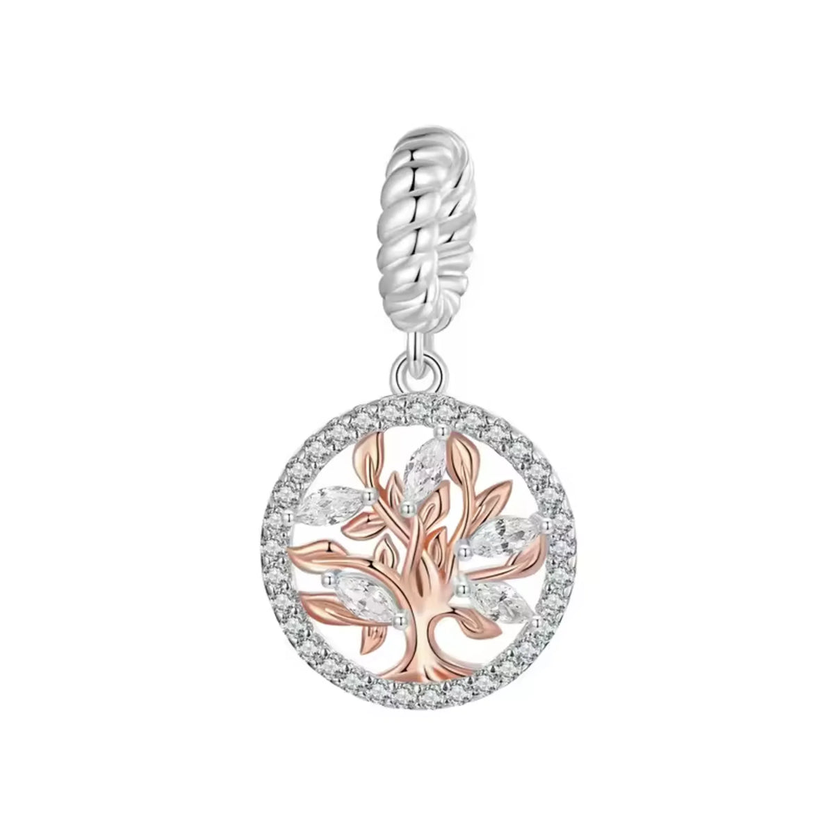 Silver and rose gold tree of life charm on a white background