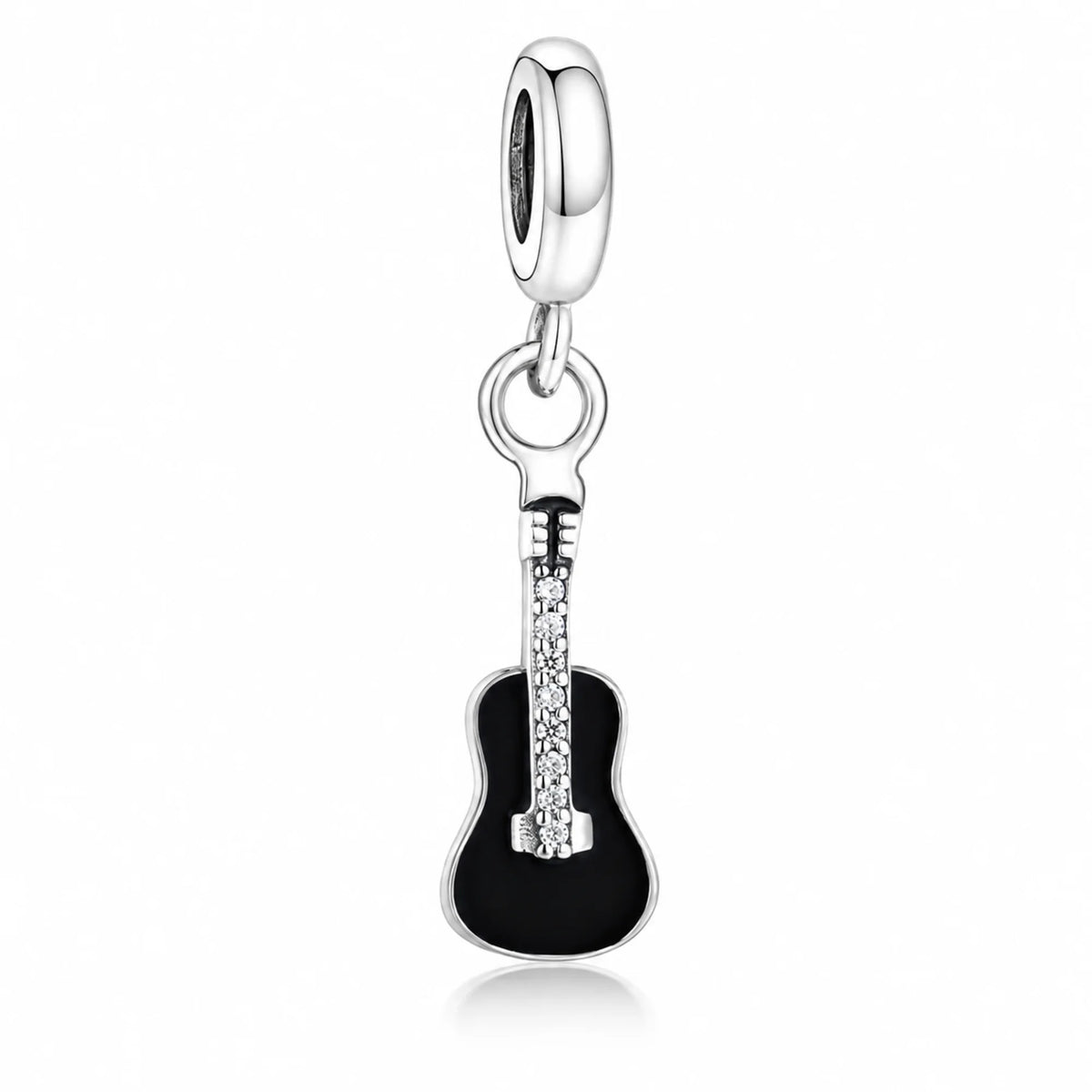 Violin shaped charm with black body and silver details on a white background