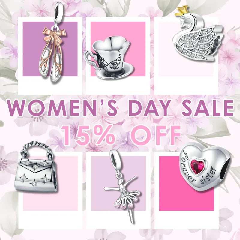Promotional banner for Women's Day sale with jewelry and floral elements on a pink background. 15% Off Woman's Day Collection