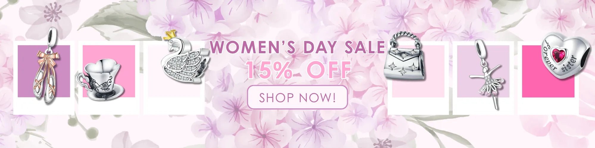 Promotional banner for Women's Day sale with jewelry and floral elements on a pink background. 15% Off Woman's Day Collection