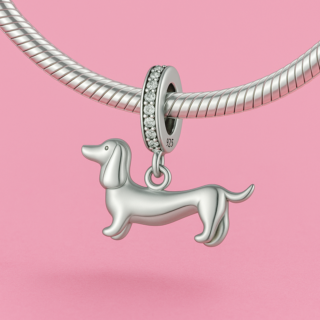 Worsie Dog Dangle Charm with CZ stones, detailed design in silver, perfect for charm bracelet collection.