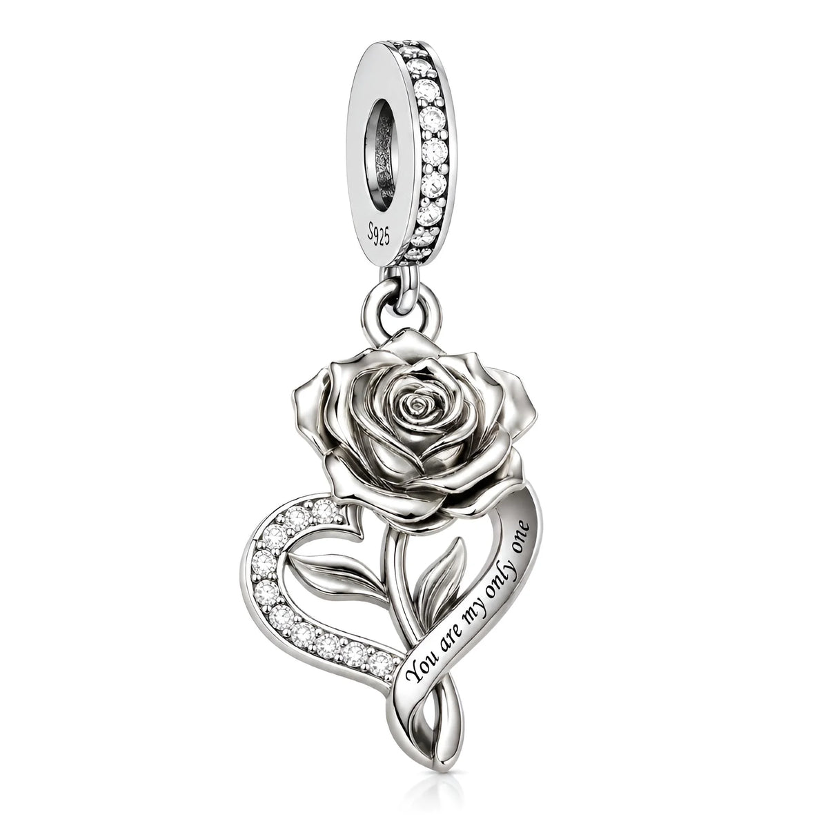 Silver rose and heart charm with 'You are my only one' engraving on a white background